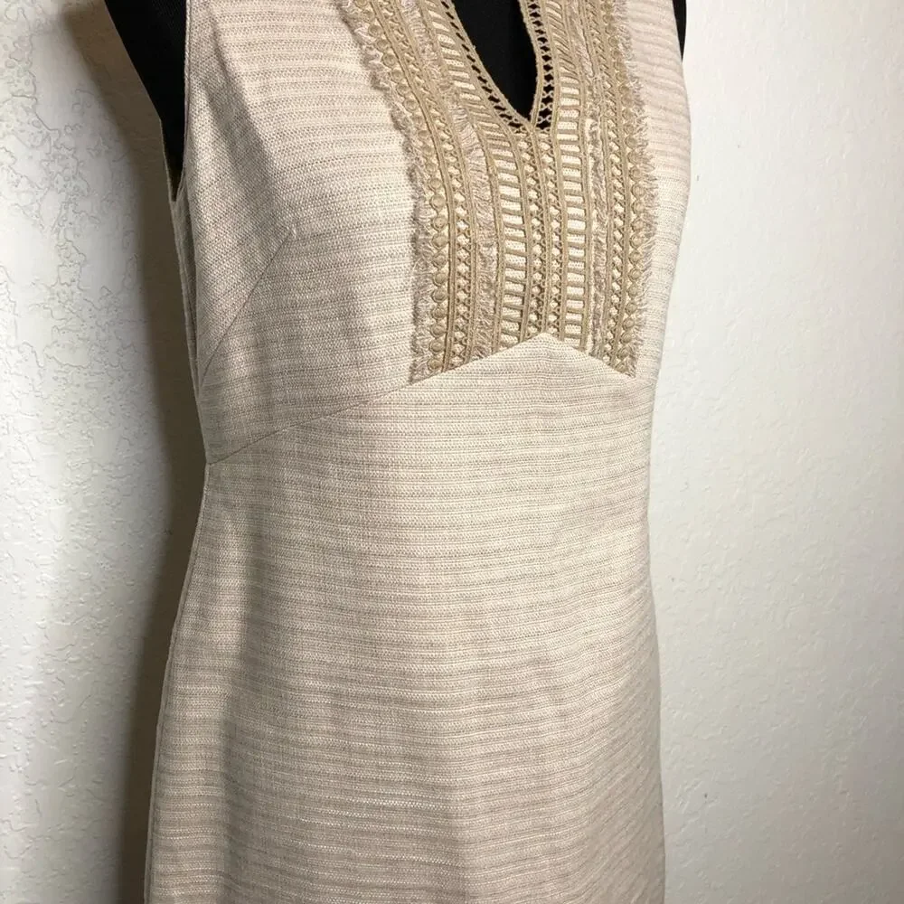 WHBM tan cream fringe trim linen blend sleeveless sheath dress size 8